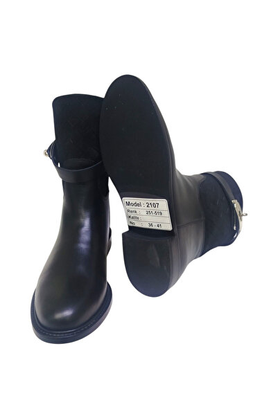 DRY SHOES Hakiki Deri Siyah Napoli Kadın Bot Ayakkabı Yuvarlak Burun Düz Taban Tokalı Orta Boy DRY-2107