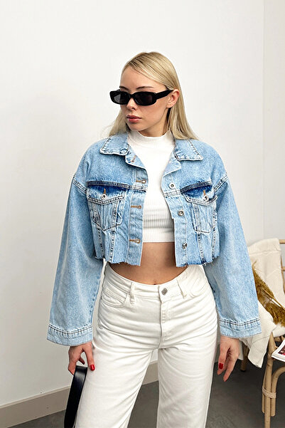 VAGGON Жіноча синя куртка з двома кишенями, застібкою спереду та лазерним вирізом Prm0607