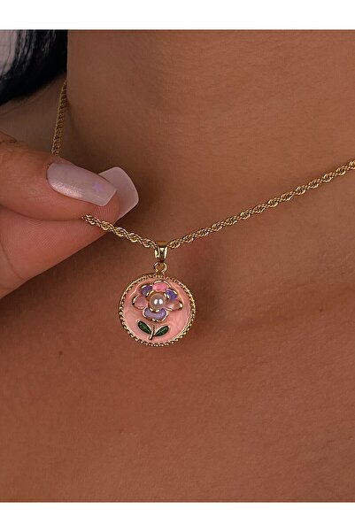 Furtek Aksesuar Gold Lilac Pink Flower Motif Steel Necklace Thin Chain Elegan...