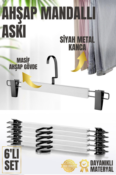 Nandy Home 6 Adet Ahşap, Mandallı Pantolon ve Etek Askısı, Kıyafet Askısı
