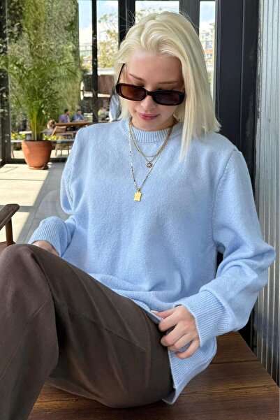 Madmext Pulover de tricotat pentru femei, cu decolteu crew, albastru bebeluș Mg2494