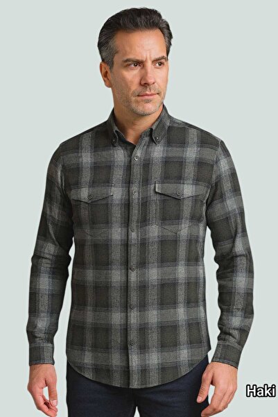 Ünal Giyim KLASİK KESİM ÇİFT CEP KAPAKLI HAKİ RENK KIŞLIK YÜN BABA GÖMLEK