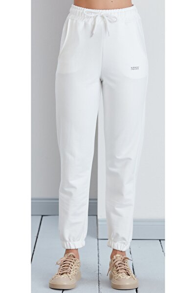 nurneva Εκρού χτενισμένο βαμβακερό αθλητικό παντελόνι - ελαστικά πόδια