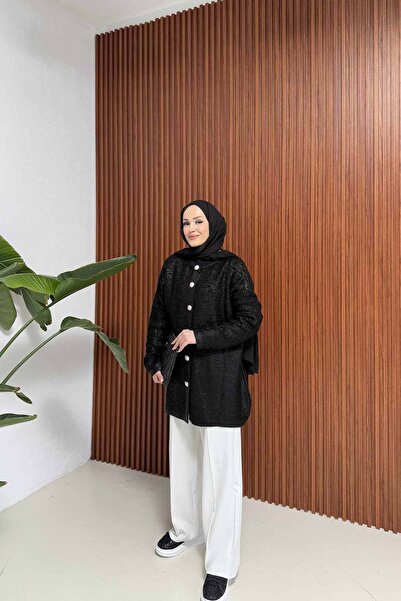 Melike Tatar Black Leaf Buttoned Cardigan 32-7043