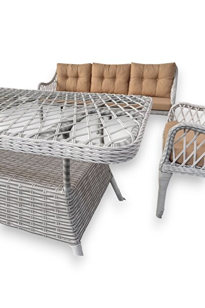 Tu Tienda KAŞ 2+1+1+SEHPA BAHÇE BALKON MOBİLYASI,BEYAZ RATTAN/BEJ KUMAŞ