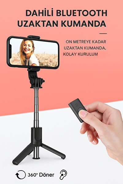 Coverzone Selfie Stick Tripod - 360° Döner, 70cm Uzunluk, Katlanabilir, Uzakt...