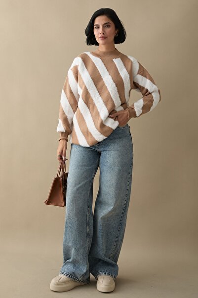 InStyle Pulover din tricotaje Camel cu dungi duble Yumoş