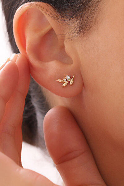 GENORO JEWEL 14 Ayar Altın Zirkon Taşlı Yaprak Deseni Küpe