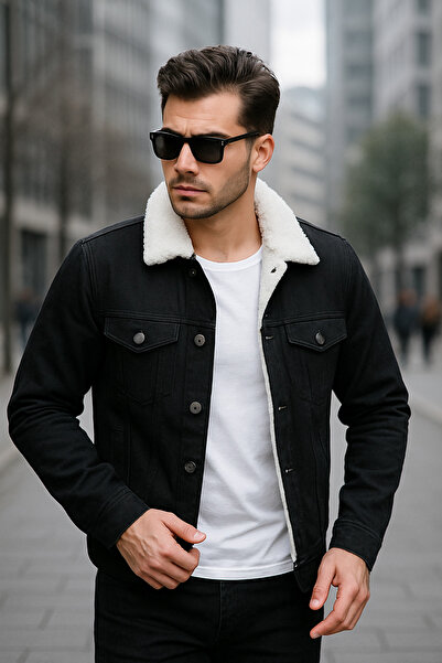 Pobudo Siyah Renk İçi Kürklü Erkek Kot Mont