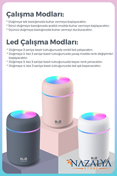 Nazalya 300 Ml Ulrasonik Araba - Oda Hava Nemlendirici Buhar Makinesi Ve Aroma Difüzörü- Gri Esans