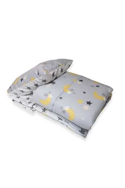 Bebek Özel %100 Pamuklu Çocuk Genç Tek Kişilik Nevresim Takımı Gri Sarı Büyük Yıldızlı