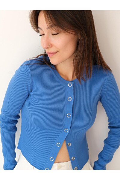 Butik Una Fiaba Women's Crew Neck Snap Fastener Ribbed Knitted Cardigan