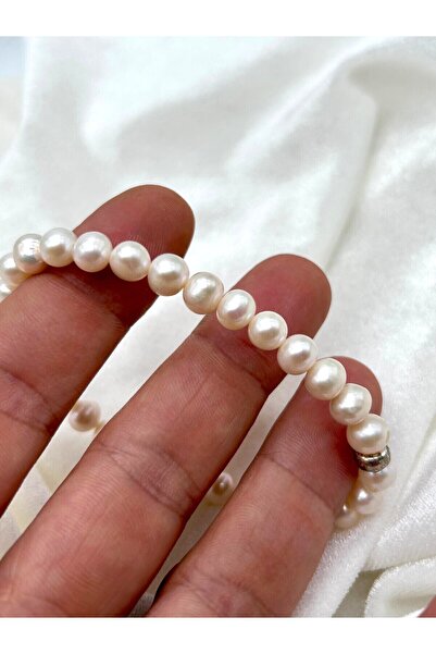 İnci Gerçek Bileklik 7mm Gümüş Detaylı