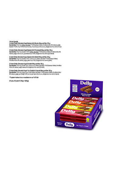 Delly 12 Adet Çikolata Kaplı - Vegan Meyveli Bar - Karışık Kutu 35g