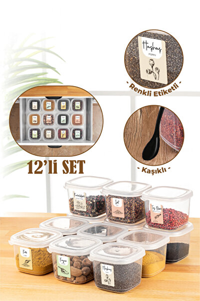 Vienev 12 Pieces 0.55 Liter Peggy Square Spice Storage Container with Colorful Label and Spoon White