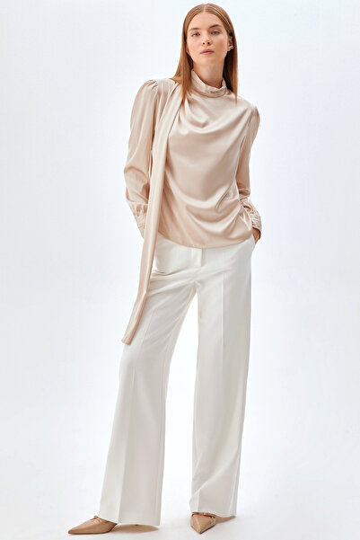 NAGRADA Dik Yaka uzun Kol Saten Bluz Bej