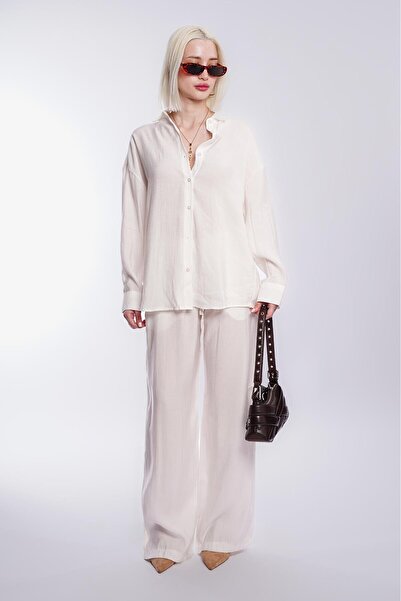 Madmext بدلة قميص وبنطلون نسائي أبيض أساسي Mg2352