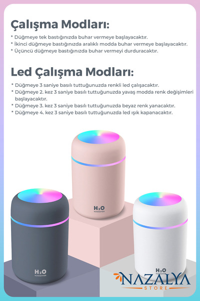 Nazalya 300 ml Ulrasonik Ledli Hava Nemlendirici Buhar Makinesi Ve Aroma Difüzörü