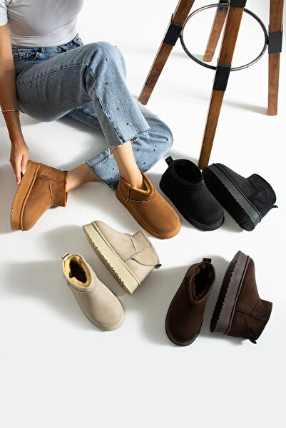 ShoeTek Lelnon Kadın Bot İçi Kürklü Kalın Tabanlı Kahve Süet