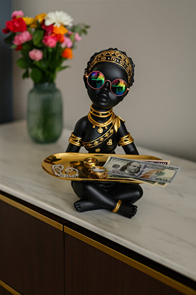 BLA BLA FOAM Statueta decorativa exotica, fata africana tribala cu tavita 23x9,5 cm – negru-auriu