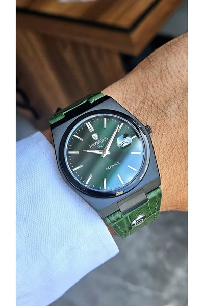 Raymond Rym-633061 Slim Classic Men's Watch - Sapphire Glass - Leather Strap - Steel Case - 2 Years Warranty Bk-Green