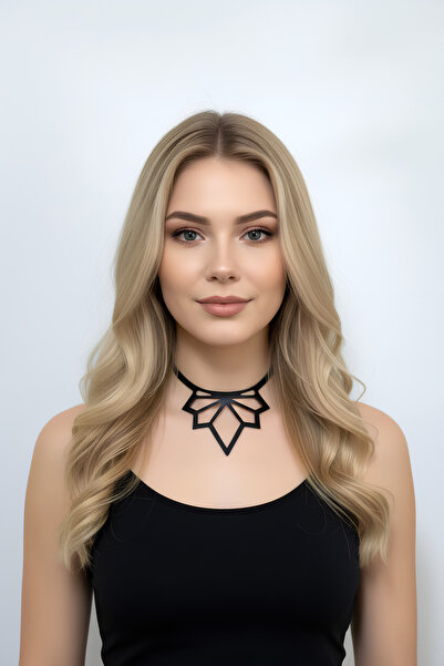 Angels Passion Siyah Deri Choker Kalın Geometrik Lazer Kesim Suni Deri Şık Ko...