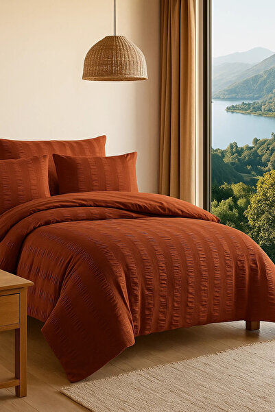 BED LİNE Set de lenjerie de pat dublu Seersucker cu cutie de țiglă