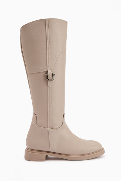 Limoya Caterine Bej Toka Detaylı Kısa Topuklu Kadın Çizme