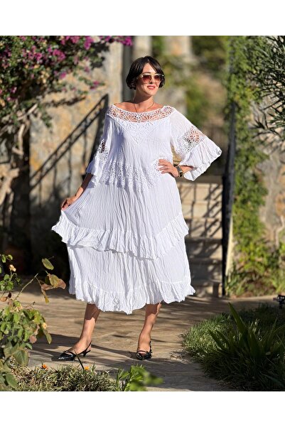 Punta Otantik VL12008 Yaka Detay Vual Elbise Beyaz