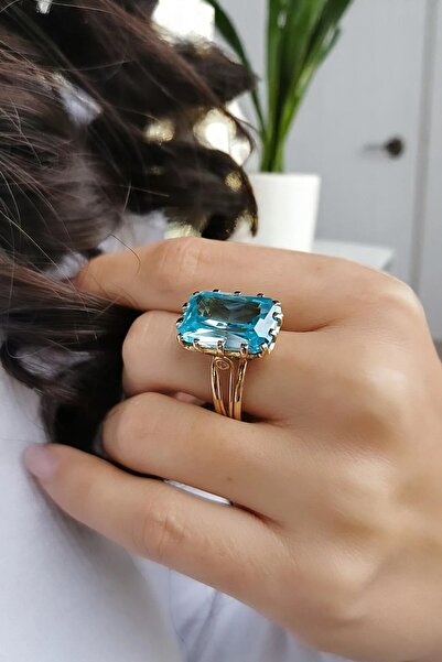 Utku Kuyumculuk 14 AYAR KRİSTAL AQUAMARİN RENGİ TAŞLI ALTIN YÜZÜK