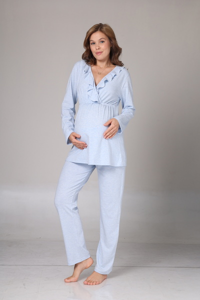 Lohusa Homewear Kadın Mavi Melanj Kışlık Özel Tasarım Lohusa Hamile Sabahlık Pijama Takımı 3'lü Set
