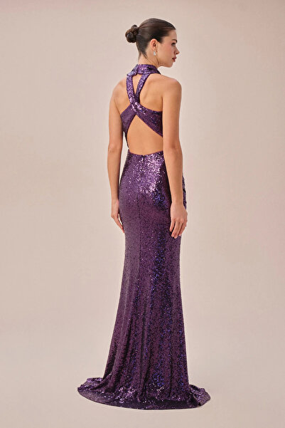 Oleg Cassini Purple Sequined Halter Neck Long Evening Dress - 4Xlvc5690