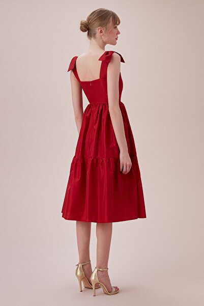 Oleg Cassini Red Bow Strap Square Collar Midi Taffeta Dress