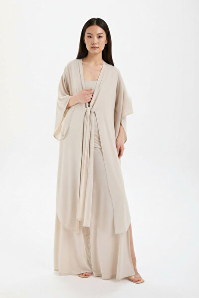 IMBUE Yan Yırtmaçlı Uzun Bej Pareo Kimono Kaftan