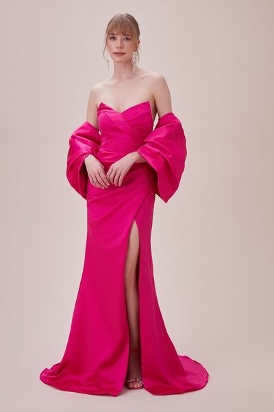 Oleg Cassini Neon Pink Satin Long Dress - Strapless and Balloon Sleeves