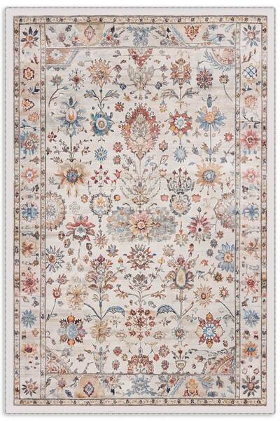 Pastel Home Tasarım Çift Taraflı Yıkanabilir Şönil Halı Kilim Yolluk Çiçek Motifli Bej Krem Renkli