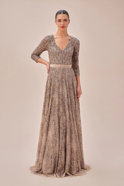 Oleg Cassini Long Sleeve Sequined Mink Evening Dress - 4XLWGIN19027C