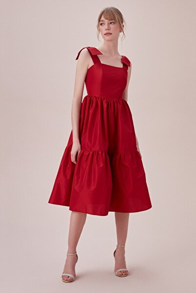 Oleg Cassini Red Bow Strap Square Collar Midi Taffeta Dress