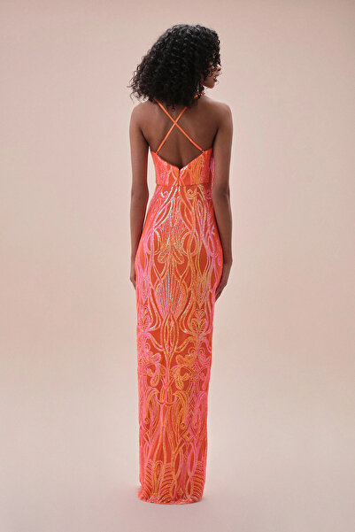 Oleg Cassini Orange Deep Slit Sequined Strappy Evening Dress