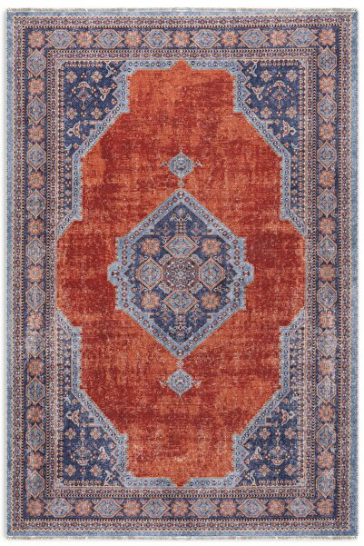 Pastel Home Tumbled Blue Orange Tile Chenille Carpet Rug Runner with Self Fri...