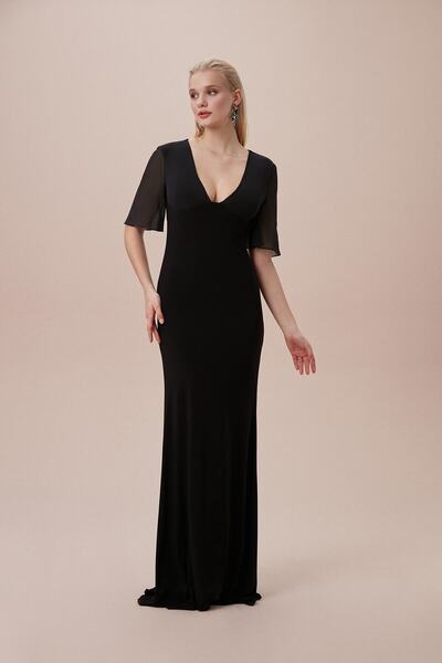 Oleg Cassini Black Deep V-neck Short Sleeve Tulle Detailed Chiffon Long Dress