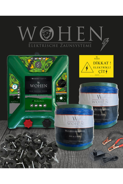 wohen Ekstra Güçlü Sensörlü Ayı-domuz Kovucu Elektrikli Çit Makinesi, 1000 Metre Tel ve İzolatör Tam Set.