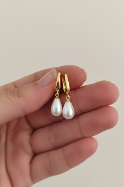 bymissmücevherat 925 Ayar Gümüş Damla Mayorka İnci Küpe Gold Renk – Zarif ve Şık Tasarım |