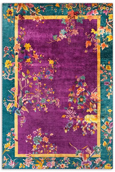 Pastel Home Kaşmir doku yumuşak kaymaz pamuk taban oturma odası salon mutfak koridor çiçekli mor yeşil halı