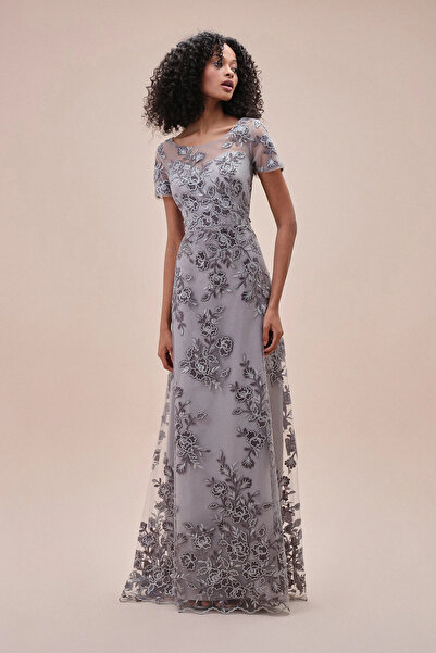 Oleg Cassini Long Gray Lace Embroidered Short Sleeve Evening Dress