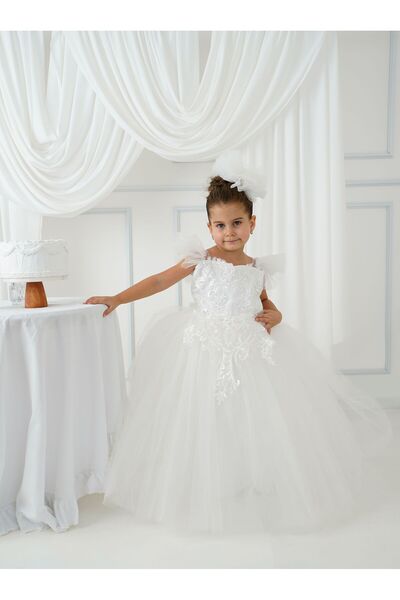 sara tasarım Beyaz kız çocuk uzun kabarık gelinlik, düğün kıyafeti, abiye