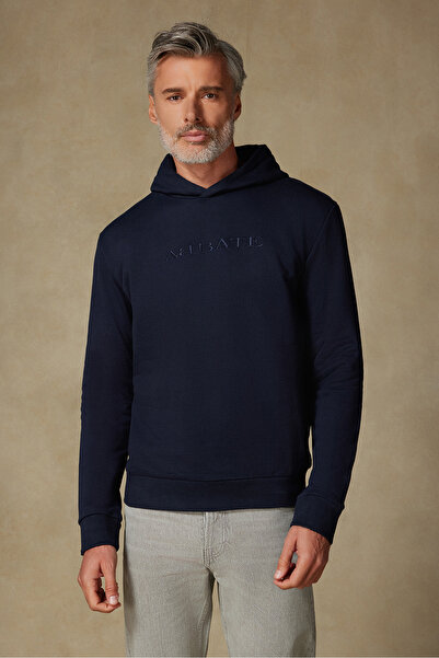 Abbate Special Design Embroidery Detailed Cotton Relaxed Cut Navy Blue Hooded Oversize Sweatshirt Hoodie