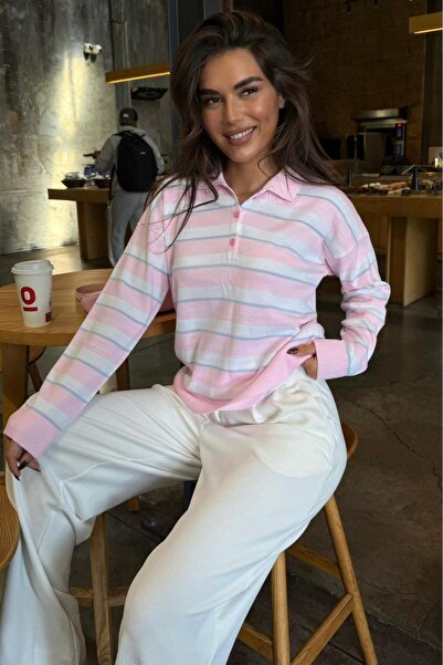 Madmext Pembe Çizgili Polo Yaka Düğmeli Kadın Kazak MG2561