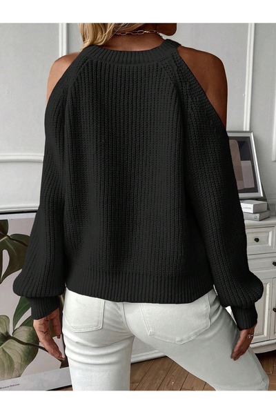 AQE FASHION Pulover de iarnă din tricotat pentru femei, cu țesătură de păr casual, cu decolteu deschis, negru