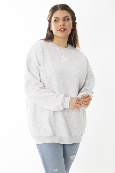 Şans Women's Large Size Gray Swatshirt with Rose Gold Inside 65N37009